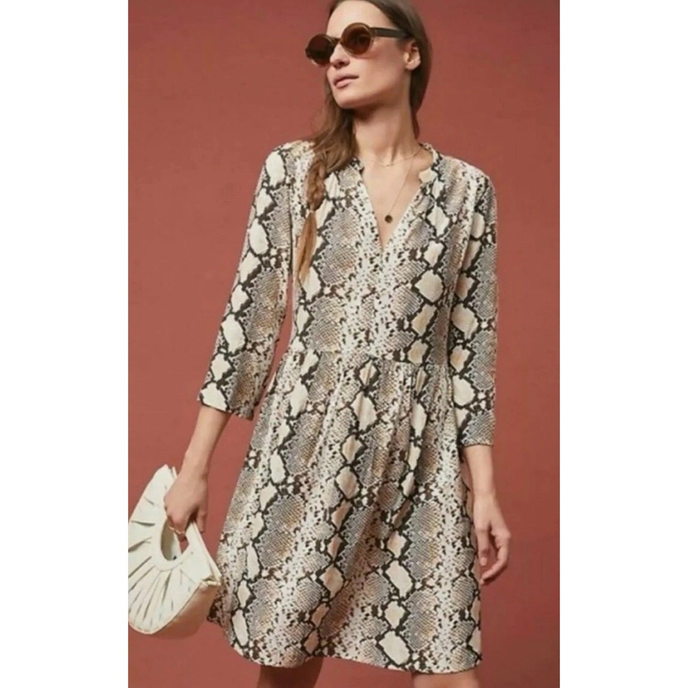Anthropologie‎ Maeve Juno Snake Print V-Neck Long Sleeve Shirt Dress Size Small
